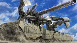 cannon caterpillar_tracks cloud cloudy_sky copyright_notice desert dirty dual_wielding dust_cloud glowing glowing_eye gun gundam gundam_battle_operation_2 gundam_ms_igloo highres hildolfr holding holding_weapon machine_gun machinery mecha mecha_focus military_vehicle mobile_suit motor_vehicle no_humans official_art one-eyed painting_(medium) pink_eyes realistic robot sand scan science_fiction shield sky solo sunrise_(company) tank tenjin_hidetaka traditional_media weapon zeon
