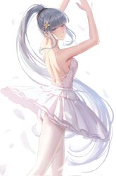 1girl 3: ass athletic_leotard back ballerina ballet black_scrunchie blush breasts commentary corrupted_twitter_file falling_feathers feathers feet_out_of_frame floating_hair floral_print flower flowers_(innocent_grey) grey_hair hair_flower hair_ornament hair_scrunchie highres kafkasea leotard long_hair looking_at_viewer looking_to_the_side print_leotard scrunchie sideboob sidelocks solo very_long_hair yatsushiro_yuzuriha