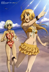 2girls 428 428:_fuusa_sareta_shibuya_de absurdres ahoge anklet barefoot beach bikini bird blonde_hair blue_eyes bow brown_eyes canaan_(character) canaan_(series) chunsoft cloud dark-skinned_female dark_skin day earrings feet flat_chest floral_print flower frilled_bikini frills grey_eyes highres jewelry leg_lift legs light_rays long_hair long_legs looking_back looking_down megami_magazine multiple_girls navel non-web_source official_art one-piece_swimsuit oosawa_maria orange_hair outdoors plaid pointing red_eyes seagull sekiguchi_kanami short_hair silver_hair sky sunbeam sunlight swimsuit very_long_hair water wristband