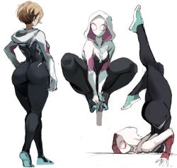 1girl ass black_bodysuit blonde_hair bodysuit breasts gwen_stacy highres hood hood_down hooded_bodysuit marvel mask medium_breasts multicolored_bodysuit print_bodysuit rakeemspoon short_hair simple_background skin_tight solo spider-gwen spider-man:_into_the_spider-verse spider-man_(series) spider-verse spider_web_print superhero_costume two-tone_bodysuit white_background white_bodysuit