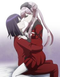 brother_and_sister girl_on_top highres incest long_hair looking_at_another looking_down looking_up matching_hair/eyes matching_outfits pink_eyes pink_hair purple_background purple_eyes siblings simple_background sitting sitting_on_lap sitting_on_person the_hundred_line_-last_defense_academy- tsukumo_ima tsukumo_kako twincest twins twintails