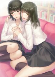 2girls ;d absurdres averting_eyes black_hair black_skirt black_socks blush book bookshelf collarbone couch d: flowers_(innocent_grey) green_eyes green_hair hand_on_another&#039;s_shoulder highres holding_hands jacket kafkasea kneehighs long_sleeves looking_at_viewer medium_hair multiple_girls one_eye_closed open_mouth pleated_skirt school_uniform shirt sitting skirt smile socks takasaki_chidori thighs white_jacket white_shirt yaegaki_erika yuri