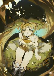 Rule 34 | antenna hair, armored boots, bare shoulders, blonde hair, boots, bug, butterfly, collarbone, cookie run, cookie run: kingdom, curly eyebrows, eyelashes, floating hair, green eyes, highres, insect, layered clothes, leotard, long hair, looking up, milktea543, multicolored hair, on ground, sugarfly cookie, thighs, very long hair, yellow leotard