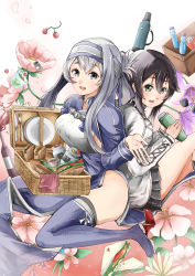 10s 2girls ainu_clothes alcohol bandana black_hair black_skirt blue_eyes blue_thighhighs blush boots bottle breasts cherry_tomato commentary flower food fork green_eyes hayasui_(kancolle) highres holding jacket jam kamoi_(kancolle) kantai_collection kitchen_knife kneehighs knife long_hair long_sleeves looking_at_viewer looking_back medium_breasts miniskirt multiple_girls no_panties open_hand open_mouth plate pleated_skirt ramune remodel_(kantai_collection) sandwich sezok short_hair sitting skirt smile socks thermos thigh_boots thighhighs tomato track_jacket white_hair wine wine_bottle