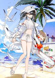 1girl animal arms_at_sides bare_legs bare_shoulders baseball_cap beach bird black_hair blue_sky bracelet breasts chainsaw character_doll character_name closed_mouth cloud colored_inner_hair crop_top crossed_bangs day double_vertical_stripe drawstring earrings endo_(takolegs) fate/grand_order fate_(series) game_cg hair_over_one_eye halterneck hat high_collar high_heel_sandals horizon jacket jewelry lady_yu_doll leg_up light_smile looking_at_viewer midriff mole mole_under_eye multicolored_hair multiple_bracelets navel ocean off_shoulder official_art one_eye_covered open_clothes open_jacket orange_eyes palm_tree sand sandals seagull shanghai_neckline shirt short_hair short_shorts shorts sky sleeve_cuffs sleeveless sleeveless_shirt sleeves_pushed_up small_breasts solo standing standing_on_one_leg third-party_source three-quarter_sleeves toes tree unzipped variant_set waves weapon weapon_on_back white_hat white_jacket white_shirt white_shorts xu_fu_(fate) xu_fu_(swimsuit_avenger)_(fate) xu_fu_(swimsuit_avenger)_(third_ascension)_(fate) yin_yang