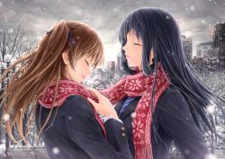 10s 2girls black_hair brown_hair building city female_focus long_hair multiple_girls ogiso_setsuna outdoors ribbon scarf school_uniform shared_clothes shared_scarf shiki_takuto snow touma_kazusa tree two_side_up upper_body white_album white_album_(series) white_album_2 winter