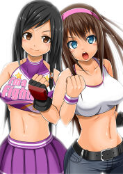 Rule 34 | belt, black hair, blush, breasts, brown eyes, brown hair, cheerleader, cleavage, clothes writing, dead or alive, dead or alive 5, denim, fingerless gloves, gloves, hairband, hitomi (doa), jeans, kokoro (doa), locked arms, long hair, looking at viewer, midriff, official alternate costume, open mouth, pants, pink hairband, purple skirt, skirt, suzuna (najaran), sweatband, swept bangs, tank top, white tank top