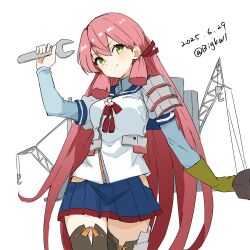 1girl absurdres akashi_(kancolle) bigkwl blush breasts collar green_eyes highres hip_vent kantai_collection long_hair looking_to_the_side medium_breasts pink_hair pleated_skirt shirt skirt smile solo standing thigh_gap thighhighs very_long_hair white_background white_shirt wrench zettai_ryouiki