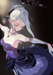 Rule 34 | 1girl, absurdres, ai-assisted, black halo, blue archive, breasts, chamal z, demon girl, demon horns, dress, earrings, elbow gloves, gloves, halo, highres, hina (blue archive), hina (dress) (blue archive), horns, jewelry, long hair, necklace, pendant, purple dress, purple eyes, purple gloves, small breasts, solo, standing, white hair