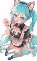 Rule 34 | 1girl, animal ears, apron, black dress, black hairband, black shoes, blue eyes, blue hair, blush, bow, bowtie, breasts, claw pose, commentary request, dress, frilled apron, frills, from above, full body, hair between eyes, hairband, hand up, hatsune miku, highres, kemonomimi mode, kenpii mo, long hair, looking at viewer, medium breasts, open mouth, shoes, short sleeves, simple background, solo, standing, tail, thighhighs, twintails, very long hair, vocaloid, white apron, white background, white bow, white bowtie, white thighhighs, wolf ears, wolf girl, wolf tail