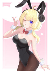 1girl ;o alternate_costume animal_ear_hairband animal_ears arched_back arm_at_side bare_shoulders black_hairband black_leotard black_pantyhose blonde_hair blowing_kiss blush bow bowtie braid breasts cleavage commentary cowboy_shot detached_collar double-parted_bangs fake_animal_ears fake_tail hair_between_eyes hairband half_up_braid heart heart_background highres himemori_luna himemori_luna_(sundress) hololive horns leotard looking_at_viewer low_twintails makimakiwo one_eye_closed pantyhose pink_background playboy_bunny purple_eyes rabbit_ear_hairband rabbit_ears rabbit_tail red_bow red_bowtie sheep_ears sheep_girl sheep_horns solo strapless strapless_leotard tail traditional_bowtie tsunomaki_watame twintails virtual_youtuber wrist_cuffs