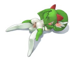 1boy 1girl anus ass blush closed_eyes colored_skin cowgirl_position erection gaping gardevoir gen_3_pokemon girl_on_top green_hair green_thighhighs half-closed_eyes hetero horns hug kirlia loli lying nintendo no_humans on_back open_mouth penis pokemon pokemon_(creature) pussy red_eyes sex simple_background straddling tears thighhighs tosx vaginal white_background white_skin