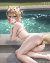 1girl alternate_costume animal_ear_fluff animal_ears artist_name ass avene_chan bandaid bandaid_hair_ornament bare_arms bare_legs bare_shoulders bikini blonde_hair blue_eyes blush breasts commentary dog_ears dog_girl dog_tail extra_ears eyelashes feet_out_of_frame gold_bikini hair_ornament hairband hashtag-only_commentary highres hololive hololive_english looking_at_viewer median_furrow mococo_abyssgard multicolored_hair open_mouth pink_hair pool poolside shiny_swimsuit short_hair shoulder_blades small_breasts solo spiked_hairband spikes streaked_hair swimsuit tail turning_head two_side_up virtual_youtuber water x_hair_ornament