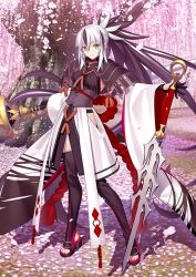 1girl armor black_gloves black_hair black_thighhighs breasts closed_mouth contrapposto detached_sleeves fate/grand_order fate_(series) floating_hair full_body game_cg gloves green_eyes halterneck high_heels hip_vent holding holding_weapon japanese_armor japanese_clothes long_hair long_sleeves looking_at_viewer medium_breasts multicolored_hair nagao_kagetora_(fate) official_art outstretched_arm outstretched_hand partially_fingerless_gloves ponytail shoulder_armor sideless_outfit sidelocks smile sode solo streaked_hair takeuchi_takashi tassel thighhighs third-party_source toes tree two-tone_hair uesugi_kenshin_(fate) uesugi_kenshin_(first_ascension)_(fate) variant_set very_long_hair weapon white_hair white_sleeves wide_sleeves