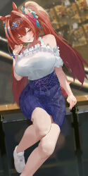 1girl absurdres animal_ears bare_shoulders blue_skirt blurry blurry_background blush bow bracelet breasts brown_hair commentary_request cross-laced_clothes cross-laced_skirt daiwa_scarlet_(umamusume) facing_viewer fang fish_(red_star_child) foot_out_of_frame frills hair_bow hair_intakes hair_ornament half-closed_eyes halter_shirt halterneck hand_up highres horse_ears horse_girl horse_tail jewelry large_breasts long_hair looking_to_the_side off-shoulder_shirt off_shoulder parted_lips pearl_bracelet pink_bow pleated_skirt red_eyes revision shirt shoes sideways_glance sitting skirt sneakers solo tail tiara twintails umamusume white_shirt white_shoes