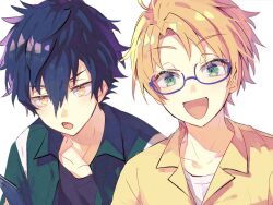 Rule 34 | 2boys, collared jacket, ensemble stars!, highres, jacket, layered clothes, male focus, multiple boys, nagatsukiariake, open mouth, portrait, sazanami jun, shirt, short hair, simple background, t-shirt, tongue, white background, yuuki makoto (ensemble stars!)