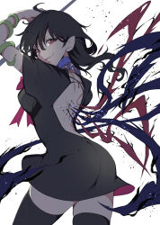 Rule 34 | 1girl, asymmetrical wings, black dress, black hair, black thighhighs, dress, highres, houjuu nue, ichizen (o tori), looking at viewer, looking back, pointy ears, puffy short sleeves, puffy sleeves, red eyes, short sleeves, solo, tentacles, thighhighs, touhou, white background, wings
