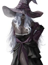 Rule 34 | 1girl, bare shoulders, black dress, breasts, cleavage, dark skin, dress, elden ring, elden ring nightreign, hat, highres, large breasts, long hair, long sleeves, purple hat, raberu ruru, recluse (elden ring), simple background, smile, solo, thighs, very dark skin, white background, white hair, witch, witch hat