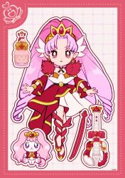 1girl akagi_towa black_ribbon border bottle bow_(music) bracelet bright_pupils cure_scarlet deformed detached_sleeves dot_nose dotted_line dress drill_hair earrings expressionless full_body fur_sleeves go!_princess_precure gold_bracelet gold_tiara grey_background grid_background hair_ornament highres instrument jewelry layered_dress leg_ribbon long_dress long_hair long_sleeves looking_at_viewer magical_girl medium_dress neck_ribbon outline parted_bangs parted_lips perfume_bottle pink_eyes pink_hair pleated_dress pleated_sleeves pointy_ears precure puff_(go!_princess_precure) red_border red_brooch red_dress red_ribbon red_shoes red_sleeves ribbon shoes short_sleeves signature standing straight-on tiara uwded_207 very_long_hair violin white_dress white_outline white_pupils wing_hair_ornament