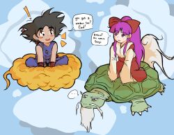 1boy 1girl absurdres black_eyes black_hair blue_background blue_pants blue_shirt blush bow commentary cyanidegray dragon_ball dragon_ball_(classic) english_commentary english_text flying_nimbus full_body genjii_(touhou) hair_bow hakurei_reimu hakurei_reimu_(pc-98) highres japanese_clothes kimono long_hair looking_at_another miko open_mouth pants purple_eyes purple_hair red_bow red_skirt shirt short_hair skirt smile son_goku spiked_hair touhou touhou_(pc-98) turtle white_kimono