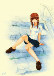 1girl blouse braid brown_eyes brown_hair female_focus highres kimi_kiss kobayashi_yuji legs mizusawa_mao no_socks shirt shoes sitting skirt smile solo twin_braids