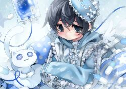 1boy 2000s_(style) angel_wings black_hair blood blood_bag blue_hoodie blue_theme button_eyes buttons cat commentary commission gleamyguts grey_eyes highres hood hood_down hoodie intravenous_drip jersey_maid long_sleeves maid male_focus original pill pillow short_hair sleep_mask solo tenshi_kaiwai unconventional_maid watermark white_cat wings