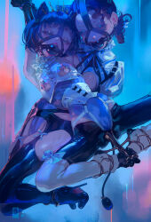 1=2 2girls anal anal_object_insertion animal_ears ball_gag bdsm black_hair blue_leotard bondage bound bound_arms bound_legs breast_cutout breasts corset fake_animal_ears gag gag_harness gagged high_heels highres leotard loli medium_hair multiple_girls nipple_piercing object_insertion original pants piercing small_breasts suspension white_corset white_pants