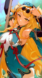 Rule 34 | 1girl, absurdres, arm on own head, arm up, blonde hair, breasts, chinese clothes, eyewear on head, glasses, highres, honkai (series), honkai impact 3rd, large breasts, long hair, looking at viewer, nail polish, songque, songque (jovial deception: shadowdimmer), yellow eyes, yun-yang