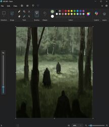 Rule 34 | 5others, art program in frame, black cloak, christian young, cloak, commentary, day, english commentary, forest, full body, landscape, looking at another, microsoft paint (medium), microsoft paint (software), multiple others, nature, original, outdoors, painterly, scenery, screencap, standing, tree
