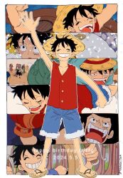 Rule 34 | ^ ^, afro, arm up, blonde hair, blue shorts, boxing gloves, closed eyes, commentary request, dated, happy birthday, hat, highres, male focus, monkey d. luffy, multiple views, nami (one piece), nami (one piece) (alabasta), nefertari vivi, one piece, open mouth, red shirt, roronoa zoro, sandals, sanji (one piece), scar, scar on face, shirt, shorts, smile, snowing, straw hat, telushake opnk, tony tony chopper, twitter username, usopp