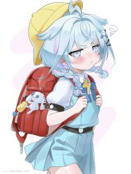 Rule 34 | 1girl, alternate costume, artist name, backpack, bag, blue eyes, blue hair, blue shirt, blue skirt, blunt bangs, blush, braid, collared shirt, commentary, crime prevention buzzer, hair flaps, hair ornament, hairclip, hat, highres, holding strap, hololive, hololive dev is, kodomo no hi, lightning ahoge, long hair, looking at viewer, low twin braids, mizumiya su, multicolored hair, nishi ao, pink hair, pout, puffy sleeves, randoseru, red bag, shirt, simple background, skirt, solo, streaked hair, tearing up, twin braids, two-tone hair, virtual youtuber, yellow hat