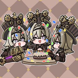 3girls breasts brown_gloves brown_hair brown_sleeves checkered_background cleavage clockwork gear_hair_ornament gloves hair_intakes hat highres honkai_(series) honkai_impact_3rd long_hair mokkyo_(motkyo) multiple_girls open_mouth pink_pupils smile steampunk top_hat vill-v