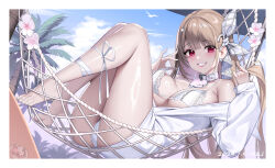 Rule 34 | 1girl, absurdres, bare shoulders, barefoot, bikini, blue sky, blush, brown hair, choker, day, feet, gaosu gong lu, goddess of victory: nikke, hammock, highres, long hair, long sleeves, lying, off shoulder, on back, red eyes, shiny skin, shirt, sky, smile, solo, swimsuit, toenails, toes, viper (nikke), viper (shine of love) (nikke), white bikini, white shirt