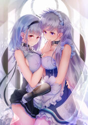 2girls anchor_choker apron azur_lane bare_shoulders belfast_(azur_lane) breasts broken broken_chain chain choker cleavage dido_(azur_lane) frilled_choker frilled_gloves frills gloves hair_between_eyes highres imo_bouya large_breasts long_hair looking_at_viewer maid_apron maid_headdress multiple_girls purple_eyes red_eyes white_gloves white_hair yuri