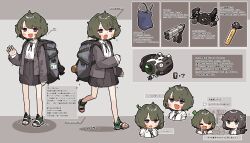 2girls amonitto backpack bag battery camera dialogue_options drone gun hair_ribbon handgun highres lost_property_control_organization_(samidare) multiple_girls name_tag oxygen_tank protagonist_(lost_property_control_organization) ribbon school_swimsuit seaweed shirt short_hair skirt spp-1 swimsuit weapon white_ribbon white_shirt