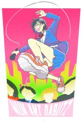 Rule 34 | 1girl, :d, arm up, black hair, blazer, blue eyes, blue jacket, blue skirt, blush, cable, collared shirt, colorful background, commentary request, dress shirt, full body, futsuu no keion-bu, hatono chihiro, highres, holding, holding microphone, jacket, lapels, long sleeves, microphone, neck ribbon, notched lapels, number girl, open mouth, perspective, pleated skirt, red ribbon, ribbon, school uniform, shirt, shoes, short hair, skirt, smile, sneakers, socks, song name, white shirt, white shoes, white socks, wing collar, winter uniform, zeneko