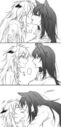 Rule 34 | 2girls, anger vein, animal ears, arknights, blood, blood from mouth, closed eyes, closed mouth, collared shirt, commentary, greyscale, kiss, lappland (arknights), long hair, monochrome, multiple girls, notf 404, open mouth, shirt, smile, texas (arknights), wolf ears, yuri
