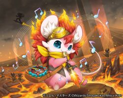 anklet bag bandana black_vest blue_eyes brown_bag copyright_notice duel_masters eighth_note embers fiery_hair flute goggles goggles_on_head holding holding_instrument instrument jewelry kemonomichi_(blue_black) lava looking_at_viewer music musical_note no_humans official_art playing_instrument quarter_note recorder rhythm_raratta rock solo musical_staff vest yellow_bandana