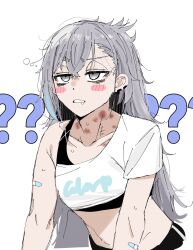 1girl ? black_tank_top blush_stickers carrot_011 commentary crop_top grey_eyes grey_hair hair_down highres honkai:_star_rail honkai_(series) long_hair messy_hair midriff shirt silver_wolf_(honkai:_star_rail) simple_background single-shoulder_shirt single_bare_shoulder single_sleeve solo stomach tank_top upper_body very_long_hair white_background white_shirt