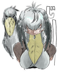 1girl bird bird_wings breasts covered_mouth creature_and_personification cropped_arms cropped_torso dark-skinned_female dark_skin fishnet_top fishnets grey_hair hair_between_eyes head_wings highres kemono_friends kemono_friends_3 large_breasts looking_at_viewer official_alternate_design personification scarf scarf_over_mouth shoebill shoebill_(ex)_(kemono_friends) shoebill_(kemono_friends) short_sleeves simple_background staring straight-on suzume_maru2 topknot white_background wings zipper zipper_pull_tab