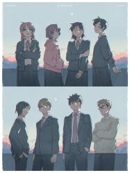 Rule 34 | 4boys, 4girls, :o, absurdres, belt, black-framed eyewear, blazer, braid, collared shirt, commentary, copyright name, cousins, cowboy shot, crossed arms, dress shirt, fujii ayame, futsuu no keion-bu, glasses, grey jacket, grey skirt, group name, hair ornament, hairpin, hands in pockets, hatono chihiro, heartbreak (futsuu no keion-bu), highres, hood, hoodie, jacket, kouyama rin, lapels, lineup, long sleeves, mizuo haruichi, multiple boys, multiple girls, mumumi, neck ribbon, necktie, notched lapels, open clothes, open jacket, outdoors, pants, parted bangs, pink hoodie, pixie cut, pleated skirt, purple eyes, purple hair, red ribbon, ribbon, school uniform, shirt, short hair, skirt, sky, standing, sweater, taguchi ryuuya, takami kouki, tohno gen, twin braids, uchida momo, very short hair, white shirt, white sweater, wing collar, winter uniform