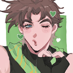 Rule 34 | 1boy, :o, bare shoulders, battle tendency, blue eyes, blush, brown hair, curtained hair, drawn heart, eyelashes, green scarf, green shirt, green theme, heart, heart hands, highres, jojo no kimyou na bouken, joseph joestar, joseph joestar (young), looking at viewer, male focus, matubaru chan, messy hair, multicolored scarf, one eye closed, parted bangs, portrait, scarf, shirt, short hair, sleeveless, sleeveless shirt, solo, striped clothes, striped scarf, yellow scarf