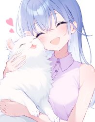 1girl ^_^ american_curl animal animal_hug blue_hair blush cat closed_eyes collared_shirt commentary heart highres idolmaster idolmaster_shiny_colors long_hair pink_shirt shirasato_(phzm8733) shirt simple_background sleeveless sleeveless_shirt smile straight_hair suzuki_hana upper_body white_background white_cat