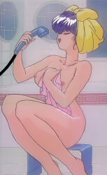 1990s_(style) 1girl anime_screenshot bath bathing bathroom breasts female_focus happy large_breasts nakajima_atsuko nipples purple_hair ranma_1/2 retro_artstyle shampoo_(ranma_1/2) showering sitting solo towel wet