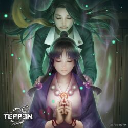 2girls ace_attorney aura beads black_hair breasts business_dress business_suit capcom energy formal_clothes ghost glowing highres japanese_clothes jewelry kimono kuroiwa_enu lawyer long_hair magatama magatama_necklace maya_fey medium_breasts mia_fey multiple_girls necklace official_art prayer_beads praying priestess siblings sisters spirit suit teppen