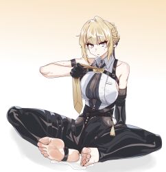 1girl barefoot blonde_hair evelyn_chevalier feet highres long_hair looking_at_viewer nian_nian_zi parted_lips purple_eyes soles stirrup_legwear sweat toeless_legwear toes zenless_zone_zero
