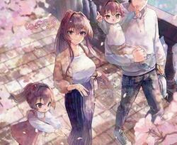 2boys 2girls alternate_costume artist_name blue_pants blue_skirt breasts brown_eyes brown_hair cherry_blossoms closed_mouth commission dress faceless faceless_male father_and_son flower from_above hair_between_eyes hair_flower hair_intakes hair_ornament if_they_mated kantai_collection large_breasts long_hair looking_at_viewer mother_and_daughter multiple_boys multiple_girls open_mouth pants pink_dress ponytail shirt skeb_commission skirt smile very_long_hair walking white_shirt wss_(nicoseiga19993411) yamato_(kancolle)