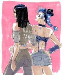 Rule 34 | 2girls, arm around waist, arm tattoo, armband, ass, birthmark, black hair, black pants, blue eyes, blue hair, blue lips, blue skirt, braid, braided ponytail, breasts, bun with braided base, commentary request, denim, denim shorts, double bun, dreadlocks, ermes costello, from behind, hair bun, halterneck, hand on own ass, highres, jeonjin (mynamebazin), joestar birthmark, jojo no kimyou na bouken, korean commentary, kuujou jolyne, looking back, medium breasts, microskirt, multicolored hair, multiple girls, pants, pink background, shorts, skirt, stone ocean, tattoo, tongue, tongue out, two-tone hair