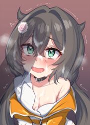1boy 1girl breasts brown_hair cleavage collarbone collared_shirt cum cum_on_body ebon facial food goddess_of_victory:_nikke green_eyes hair_intakes hair_ornament heart heart_in_eye hetero highres jacket kamaboko long_hair multicolored_jacket narutomaki off-shoulder_shirt off_shoulder orange_jacket penis_awe penis_shadow shirt small_breasts symbol_in_eye trony_(nikke) two-tone_jacket white_jacket white_shirt