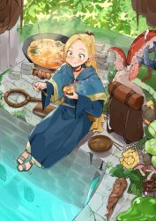 1girl :q absurdres aqua_cape aqua_robe asymmetrical_bangs blonde_hair blush bowl brown_bag cape chankuro commentary dungeon_meshi eating elf food food_on_face forehead green_eyes highres holding holding_bowl holding_spoon long_hair marcille_donato meat octopus pointy_ears ponytail sitting smile solo spoon staff steam stew tongue tongue_out very_long_hair